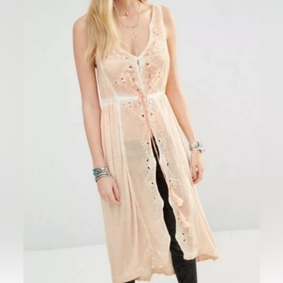 NWT FREE PEOPLE Riptide Sleeveless Open Front Dress Cutwork Lace Peach Size XS - Picture 4 of 15